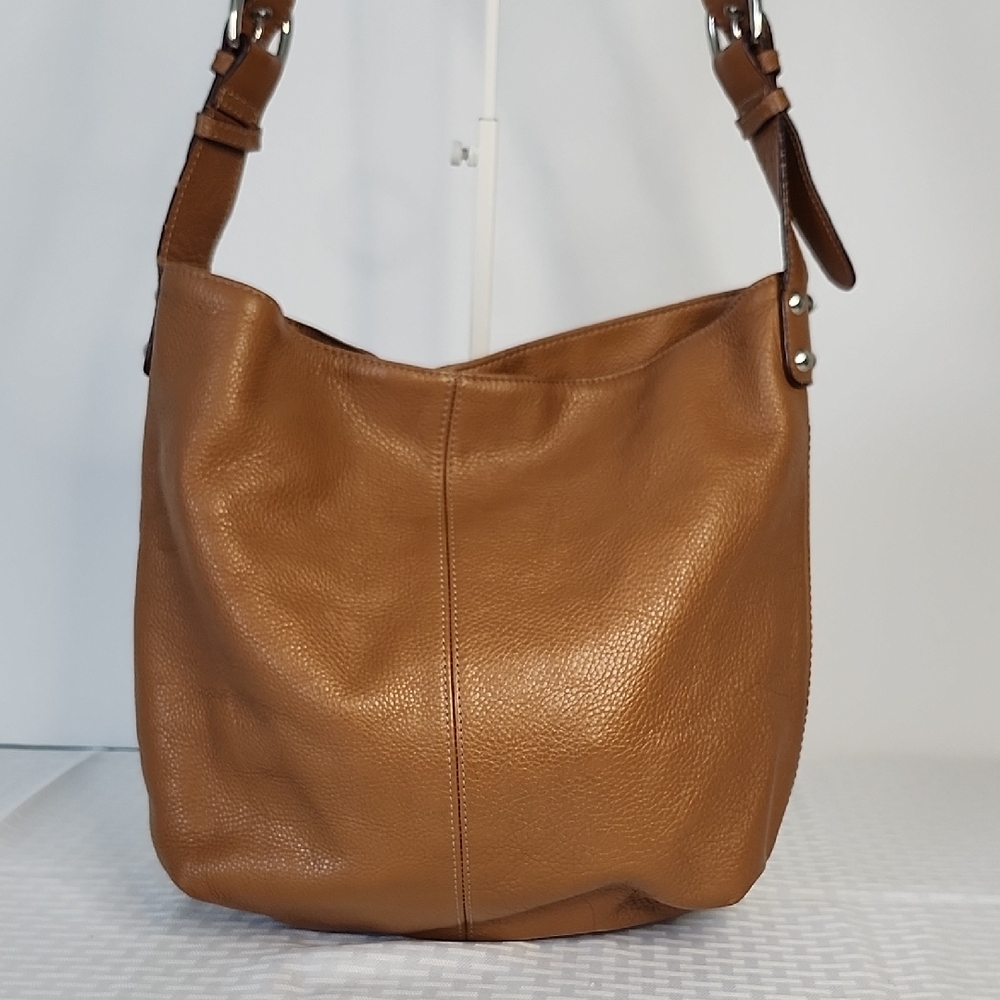 Tignanello Camel Brown Pebbled Leather Silver Buckle Tote